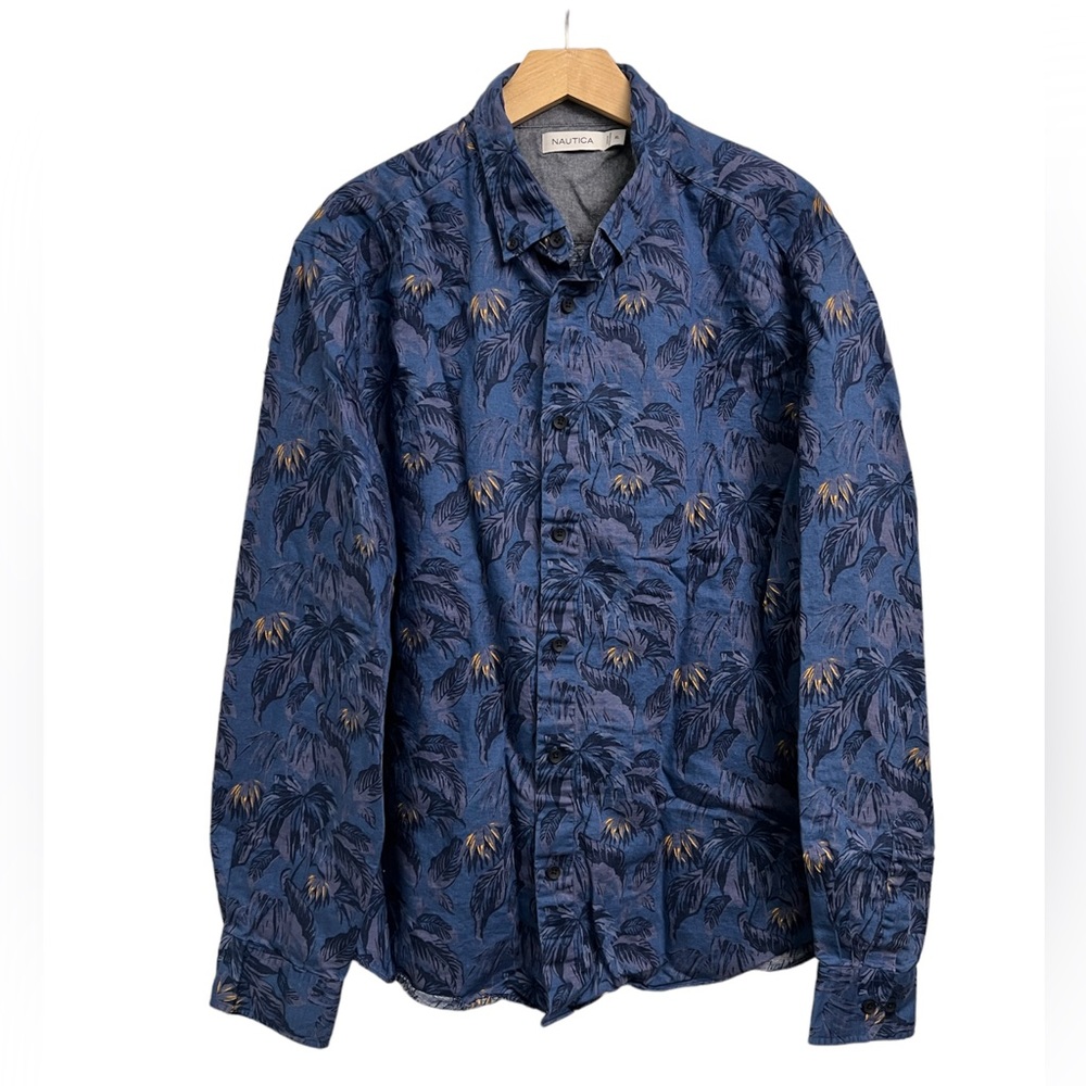 Nautica Linen Blend Shirt Mens Blue Hawaiian Palm Button Down Long Sleeve